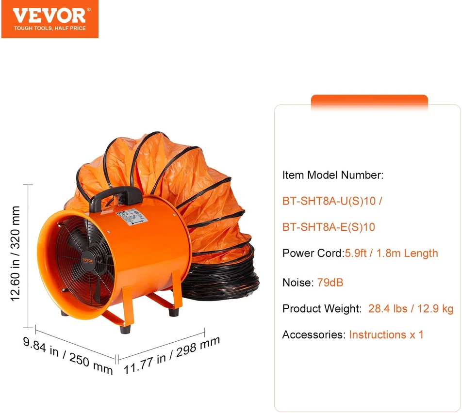 VEVOR 203mm nešiojamas ventiliatorius su 10m žarna