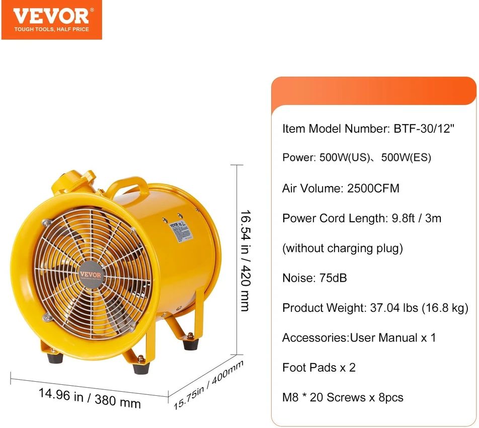 VEVOR 76 cm ekstraktoriaus ventiliatorius su 3 m laidu