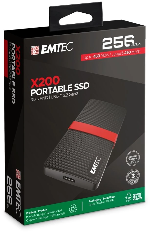 Kietasis diskas Emtec SSD 3.2Gen1 X200 256GB Nešiojamas mažmeninis