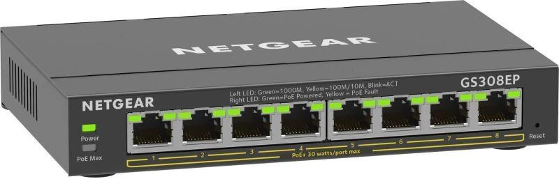 Šakotuvas Netgear GS308EP-100PES 8 prievadų „Gigabit“ nevaldomas „PoE“ komutatorius (62W, PoE+: 8 prievadai)