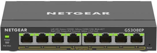 Šakotuvas Netgear GS308EP-100PES 8 prievadų „Gigabit“ nevaldomas „PoE“ komutatorius (62W, PoE+: 8 prievadai)