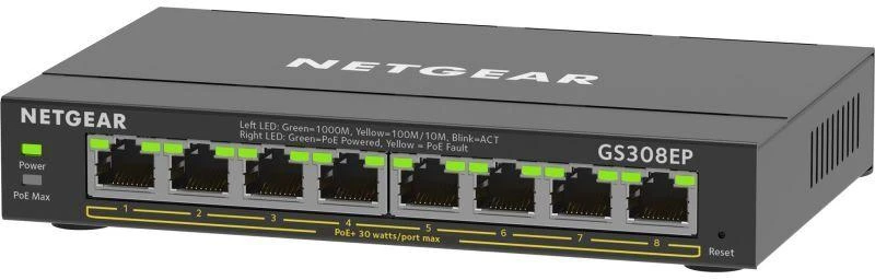 Šakotuvas Netgear GS308EP-100PES 8 prievadų „Gigabit“ nevaldomas „PoE“ komutatorius (62W, PoE+: 8 prievadai)