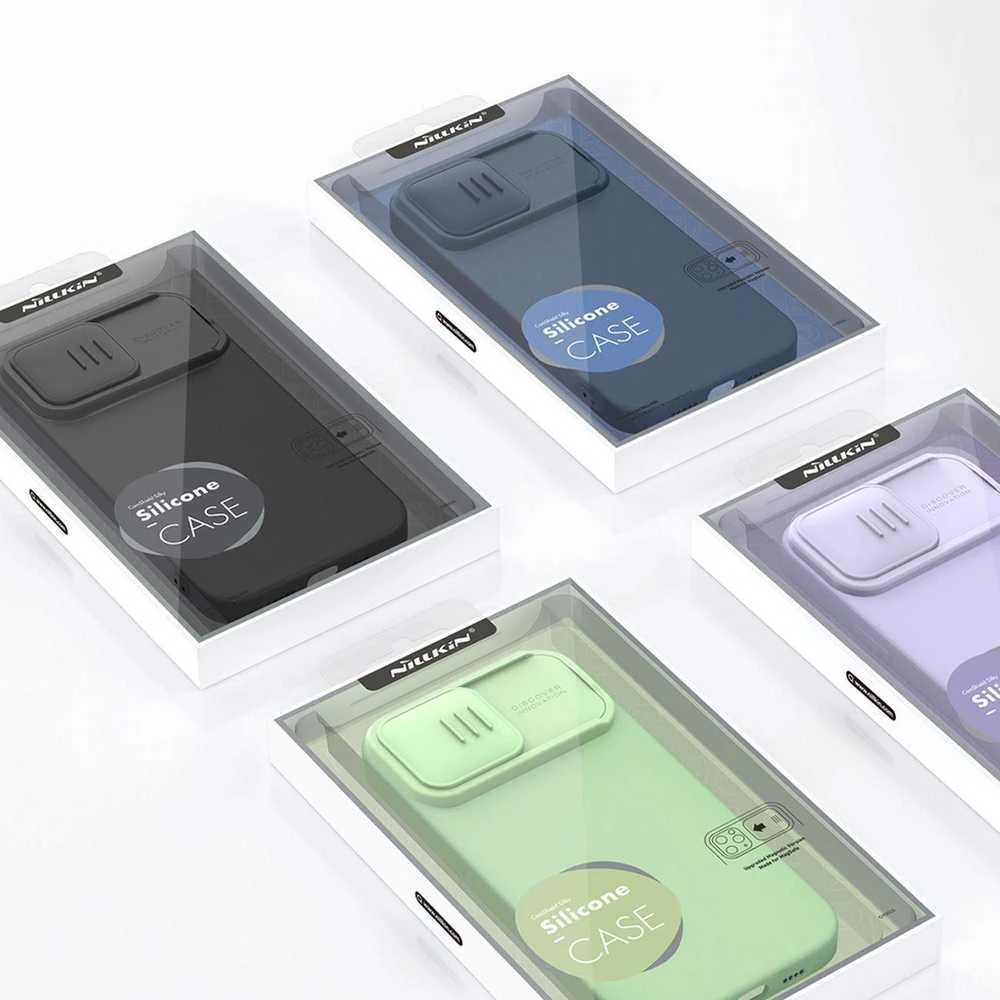 Nillkin CamShield Silky Silikoninis dėklas iPhone 14 Pro Max Silicone Cover with Camera Protector dėklas telefonui mėlynos spalvos