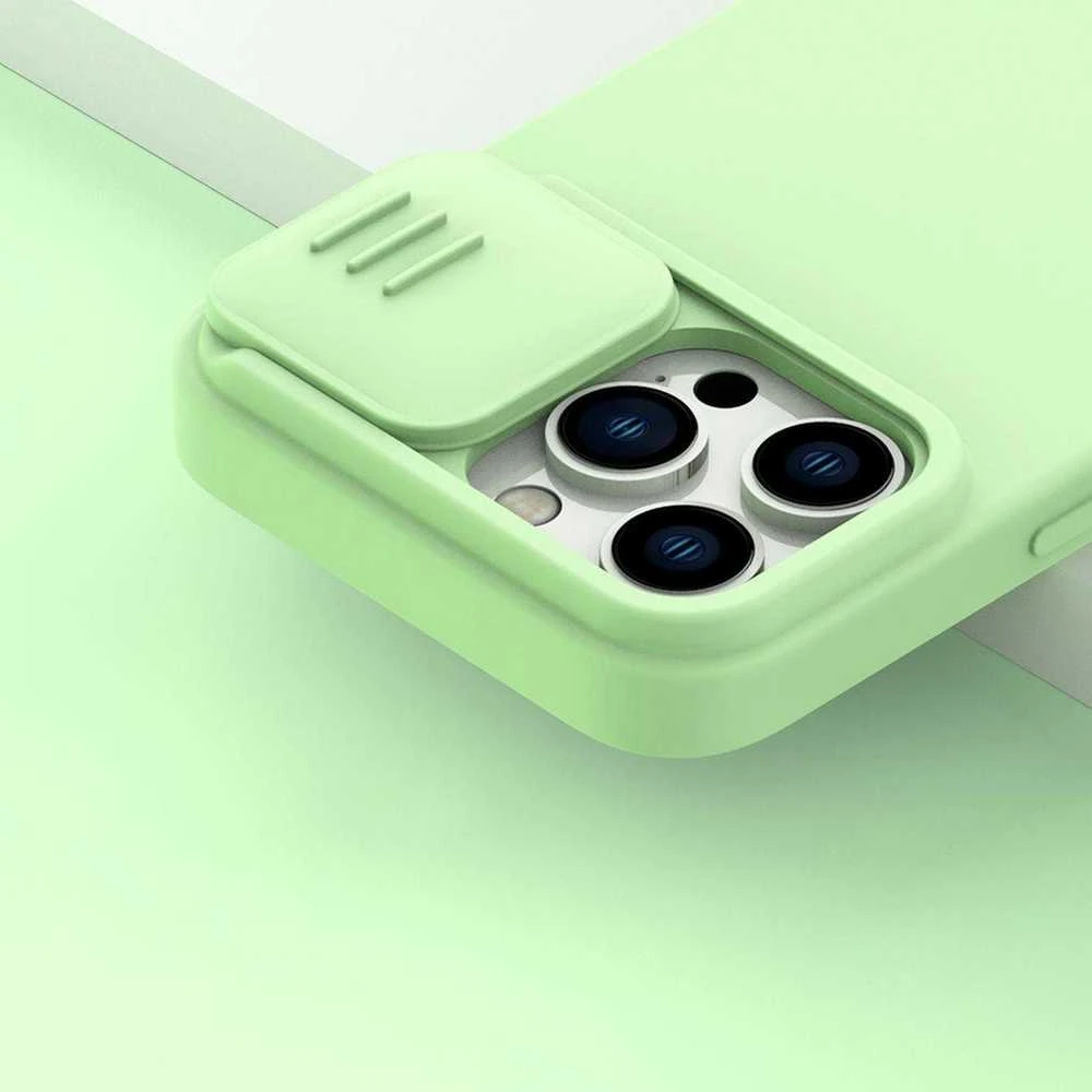 Nillkin CamShield Silky Silikoninis dėklas iPhone 14 Pro Max Silicone Cover with Camera Protector dėklas telefonui mėlynos spalvos