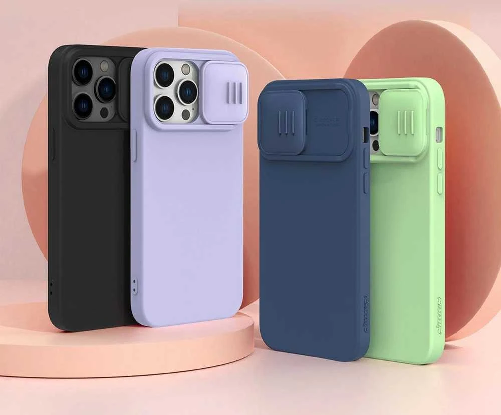 Nillkin CamShield Silky Silikoninis dėklas iPhone 14 Pro Max Silicone Cover with Camera Protector dėklas telefonui mėlynos spalvos