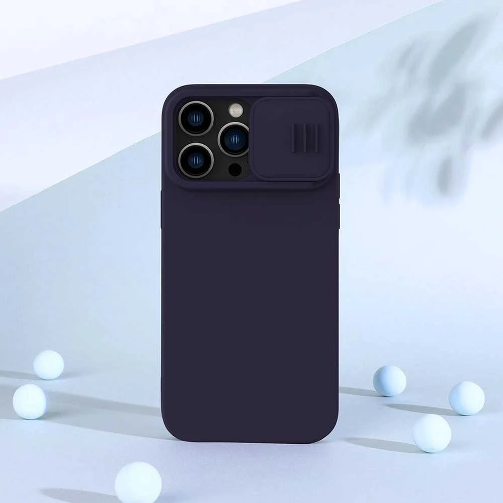 Nillkin CamShield Silky Silikoninis dėklas iPhone 14 Pro Max Silicone Cover with Camera Protector dėklas telefonui mėlynos spalvos