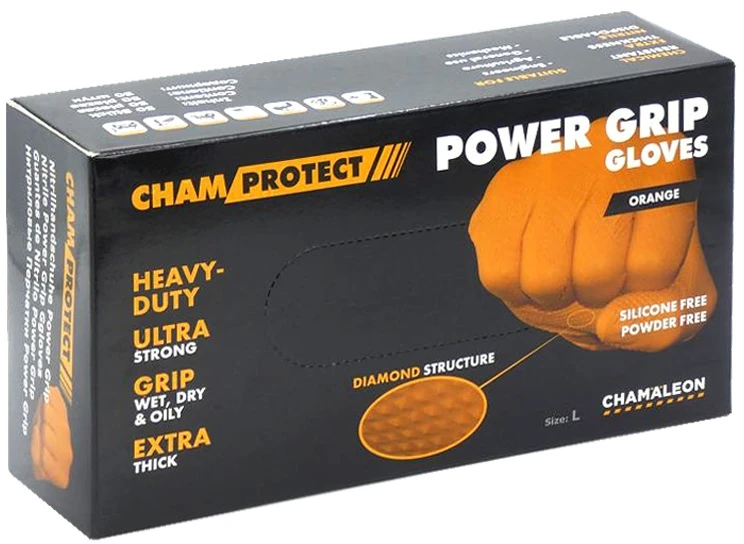 Nitrilo pirštinės Power grip XL, oranžinės (50vnt.) CHAMAELEON