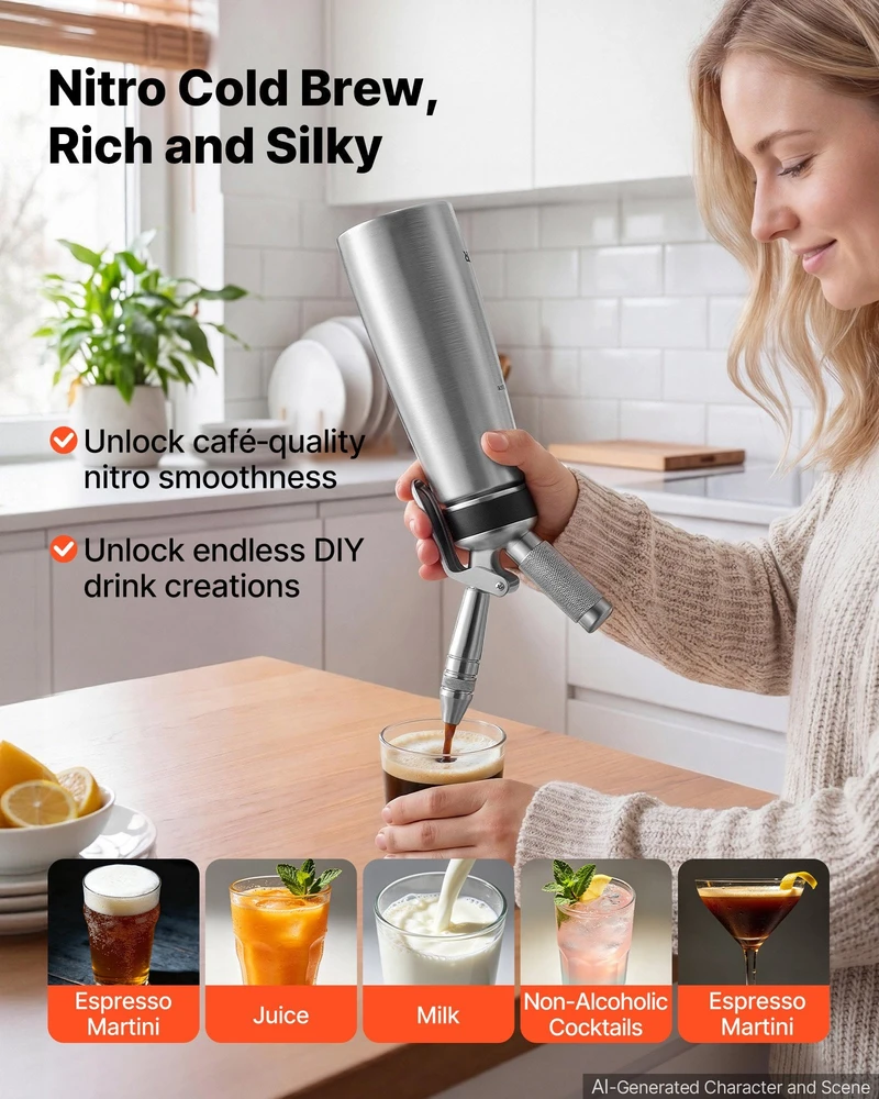 Nitro šalto plikymo kavos aparatas VEVOR SCW-500S, 0,5 l