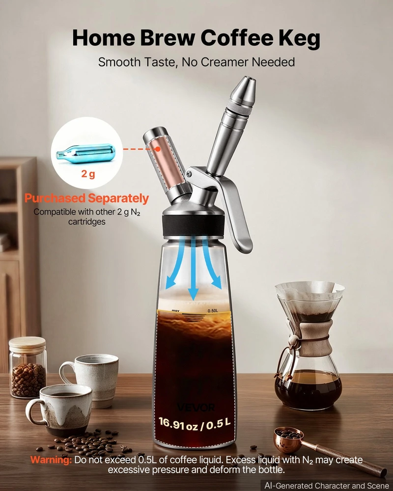 Nitro šalto plikymo kavos aparatas VEVOR SCW-500S, 0,5 l