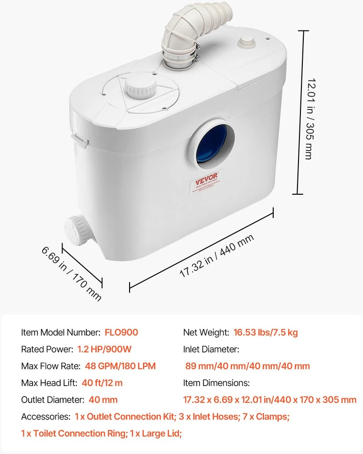 VEVOR Macerator siurblys 900W tualetui rūsyje