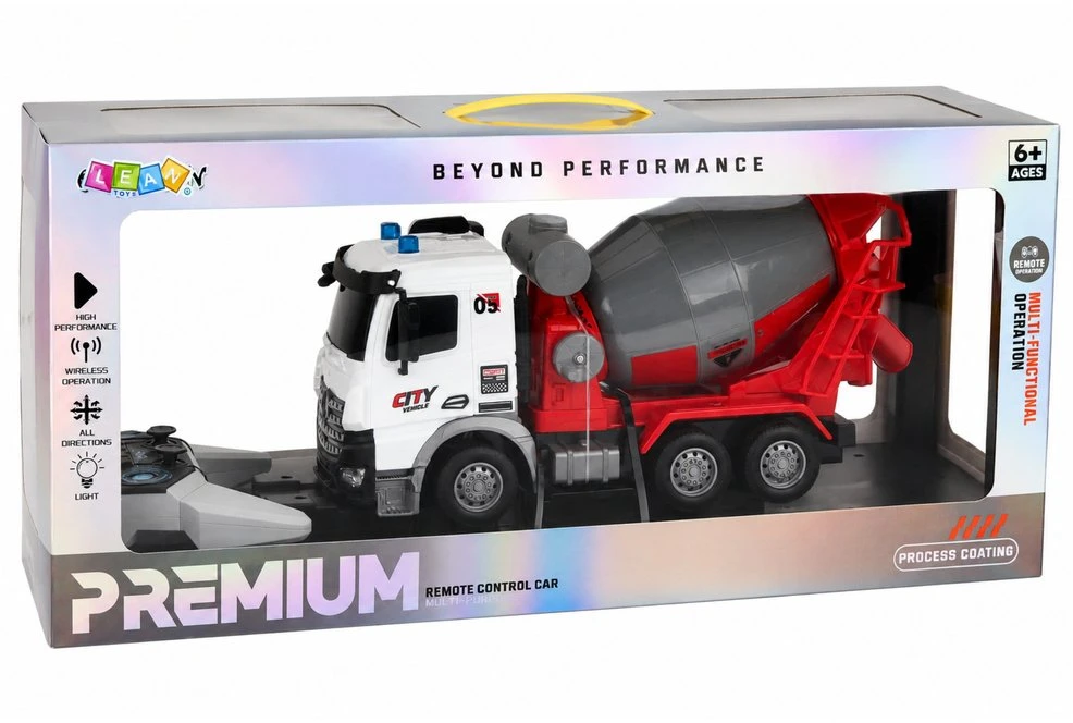 Lean Toys RC betono maišytuvas su šviesos efektais ir judančiu būgnu, raudonas, baltas ir pilkas, 29 × 15 × 11 cm