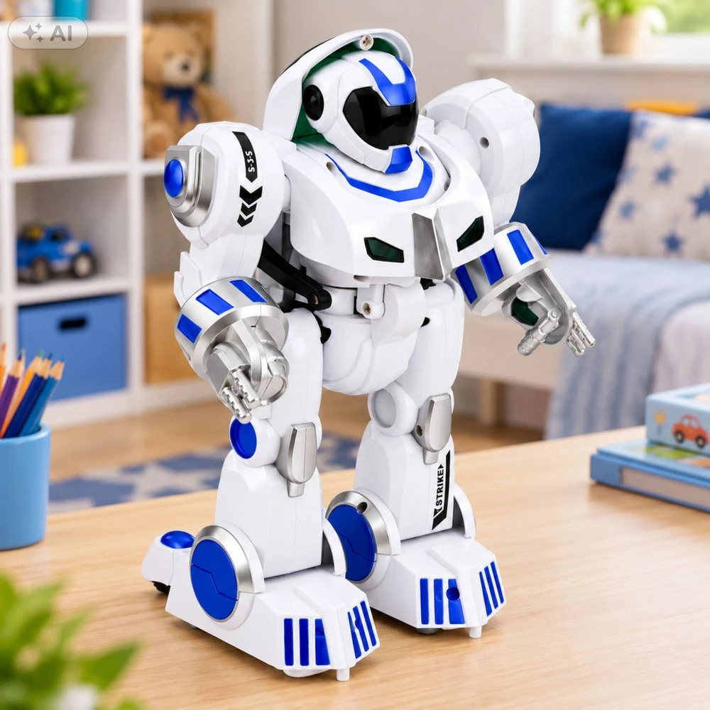 Nuotoliniu būdu valdomas žaislinis robotas, baltas ir mėlynas