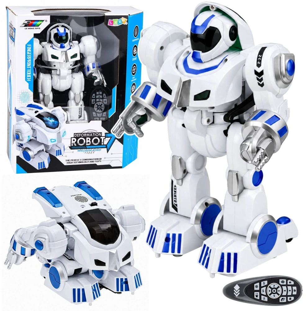 Nuotoliniu būdu valdomas žaislinis robotas, baltas ir mėlynas