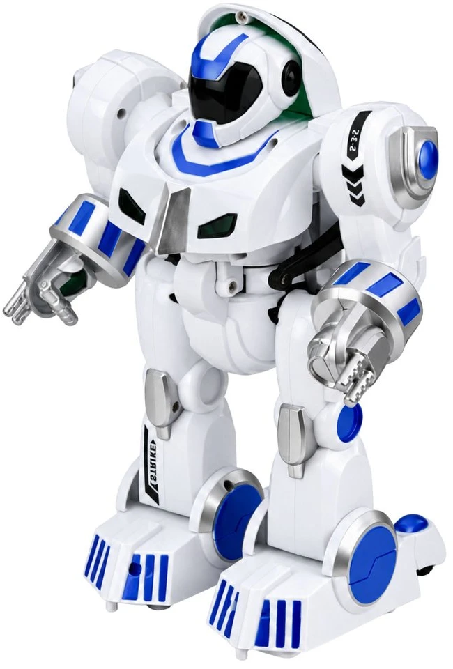 Nuotoliniu būdu valdomas žaislinis robotas, baltas ir mėlynas
