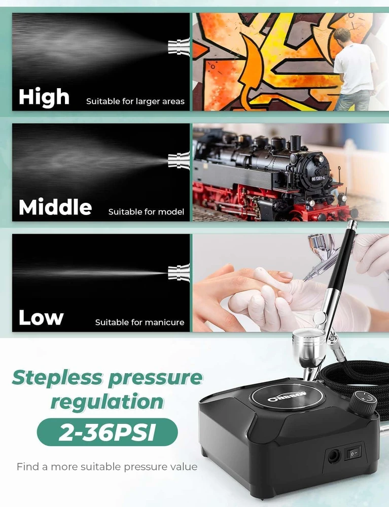 Oasser dvigubo veikimo aerografo rinkinys su kompresoriumi 2–36 PSI AK2-2