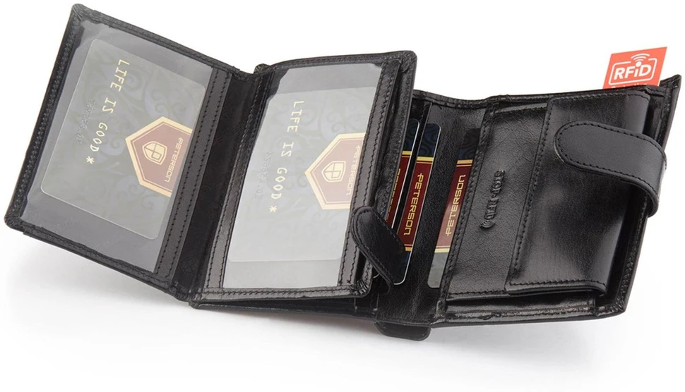 Odinė juoda piniginė su RFID apsauga kasdienai Peterson