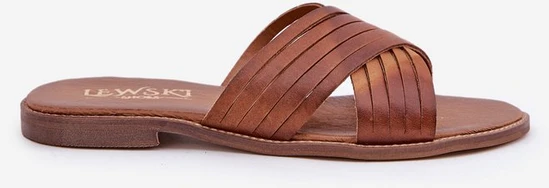 Odinės moteriškos šlepetės Shoes camel spalvos