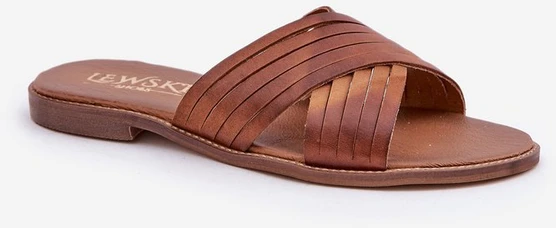 Odinės moteriškos šlepetės Shoes camel spalvos