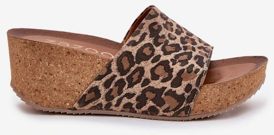 Odinės moteriškos šlepetės su kamštiniu padu, leopardinės