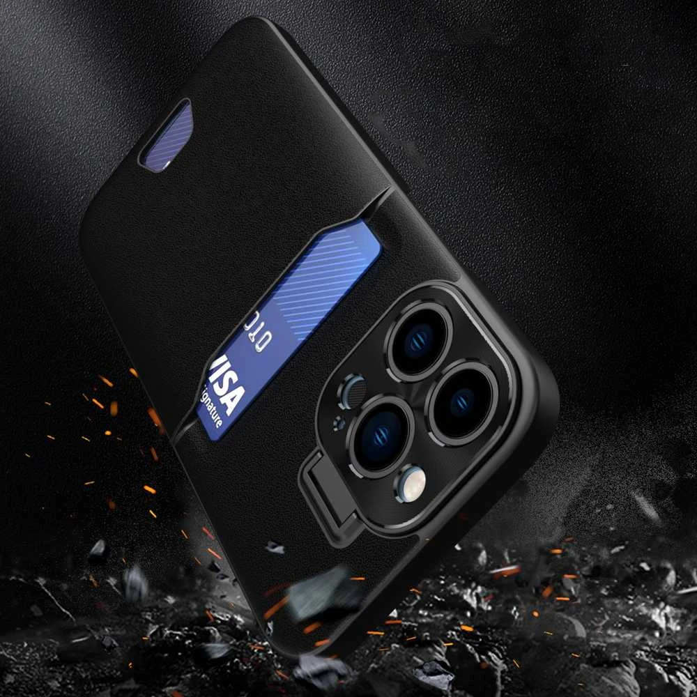 Hurtel Leather Apple iPhone 14 Pro card wallet su stoveliu dėklas telefonui juodos spalvos