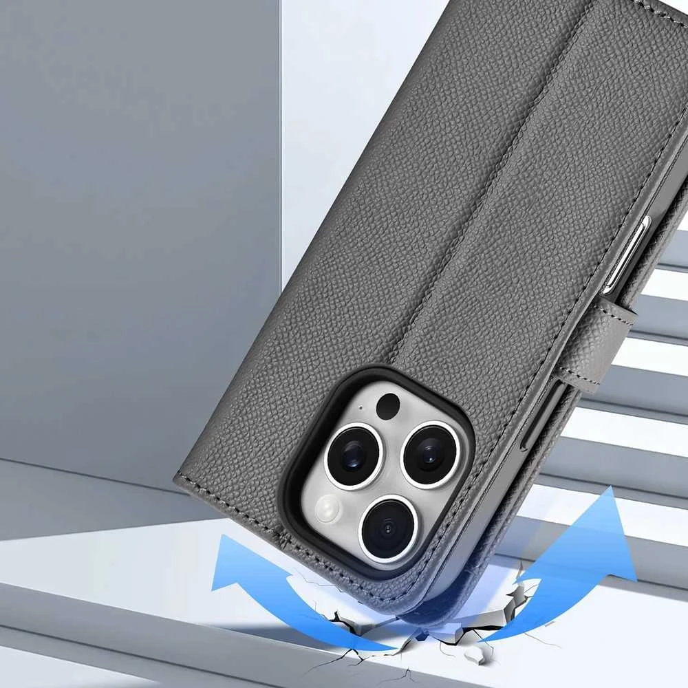 Dux Ducis Lawa Leather dėklas skirtas Apple iPhone 16 Pro Max su Detachable Magnetic Wallet – pilkos spalvos