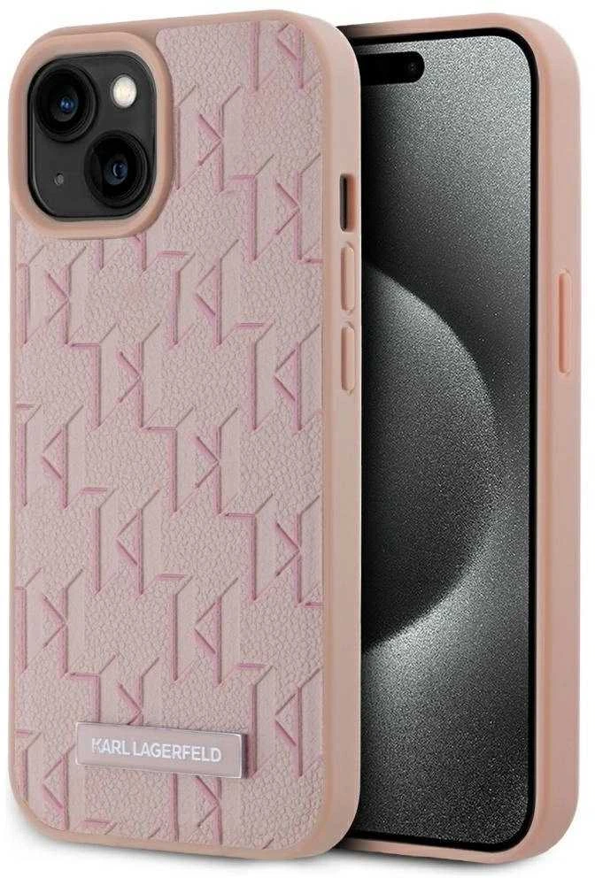 Dėklas Karl Lagerfeld Leather Monogram Metal Logo MagSafe Apple iPhone 15 rožinės spalvos