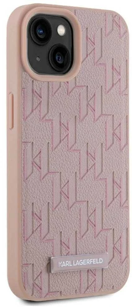 Dėklas Karl Lagerfeld Leather Monogram Metal Logo MagSafe Apple iPhone 15 rožinės spalvos