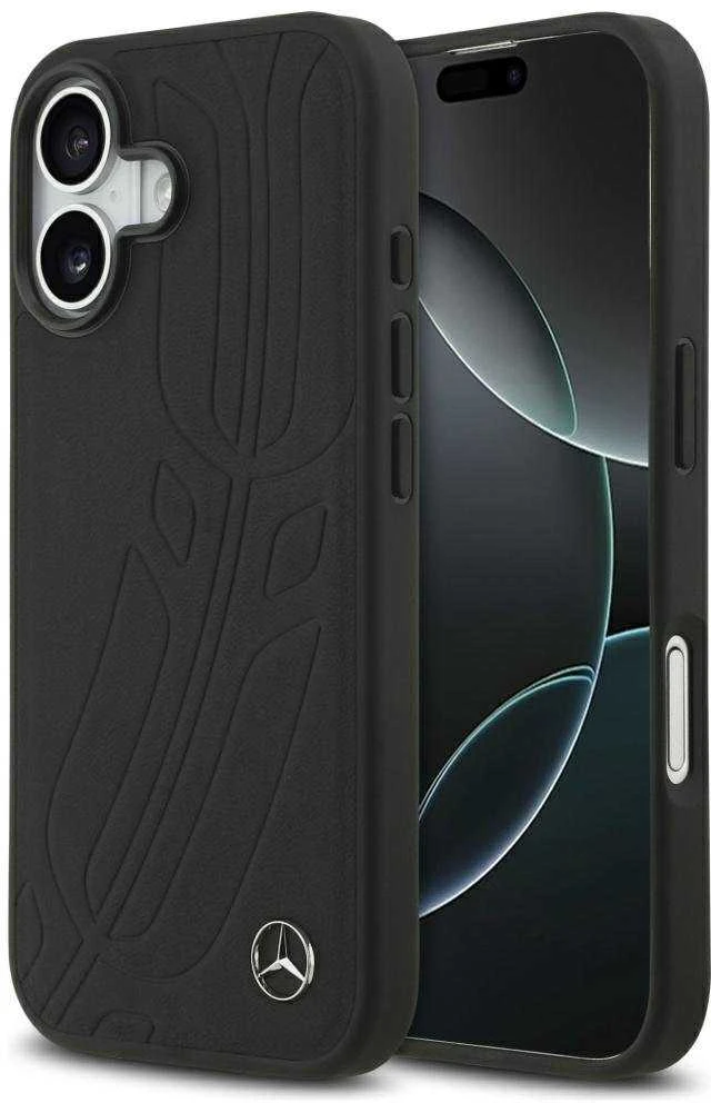 Original dėklas MERCEDES Leather Large Laurel Leave MagSafe skirtas Apple iPhone 17 juodos spalvos