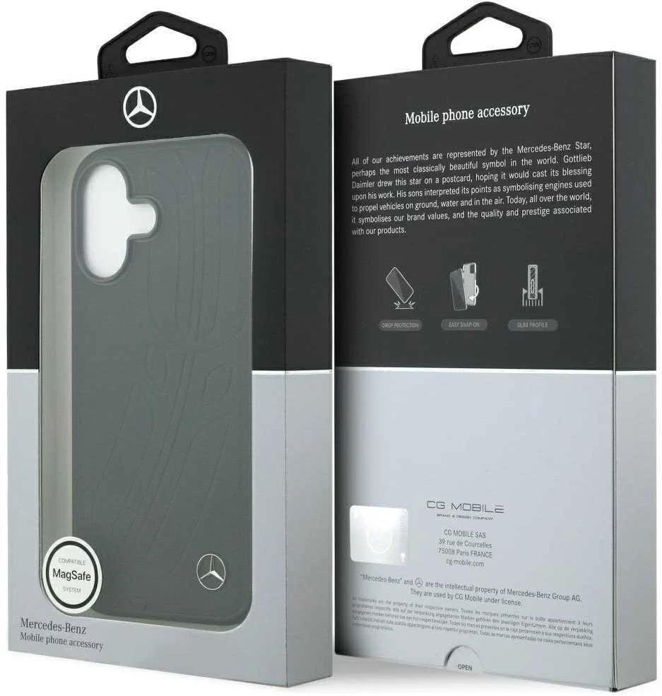 Original dėklas MERCEDES Leather Large Laurel Leave MagSafe skirtas Apple iPhone 17 juodos spalvos