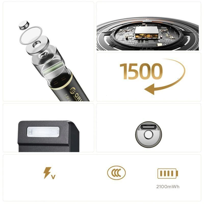 Orico Ener-G EG5C ličio baterija, 1,5 V, 2100 mWh, AA, USB-C įkraunama baterija su įkrovimo laidu, 2 vnt.