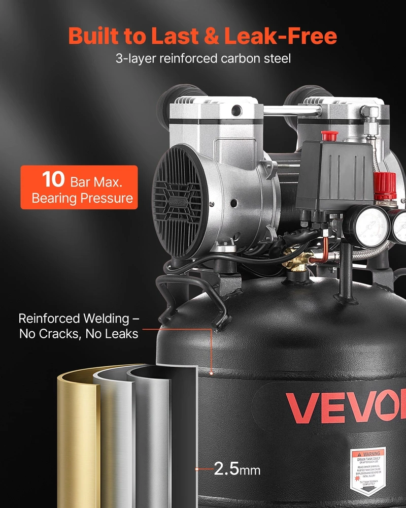 Vevor 30 l oro kompresorius be alyvos, 10 bar