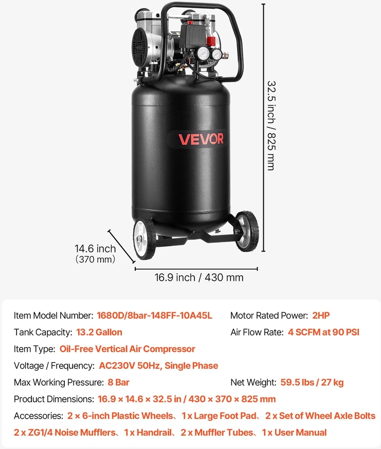 Vevor Oro kompresorius 50 l, be alyvos, 8 bar
