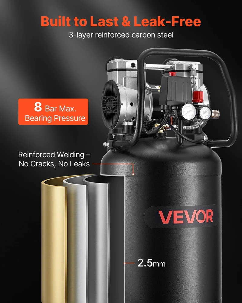 Vevor Oro kompresorius 50 l, be alyvos, 8 bar