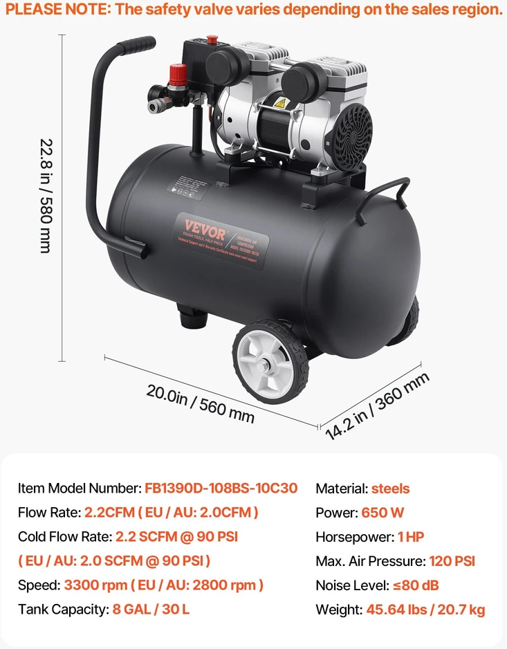 VEVOR Kompresorius be alyvos 8 galonų 90 PSI