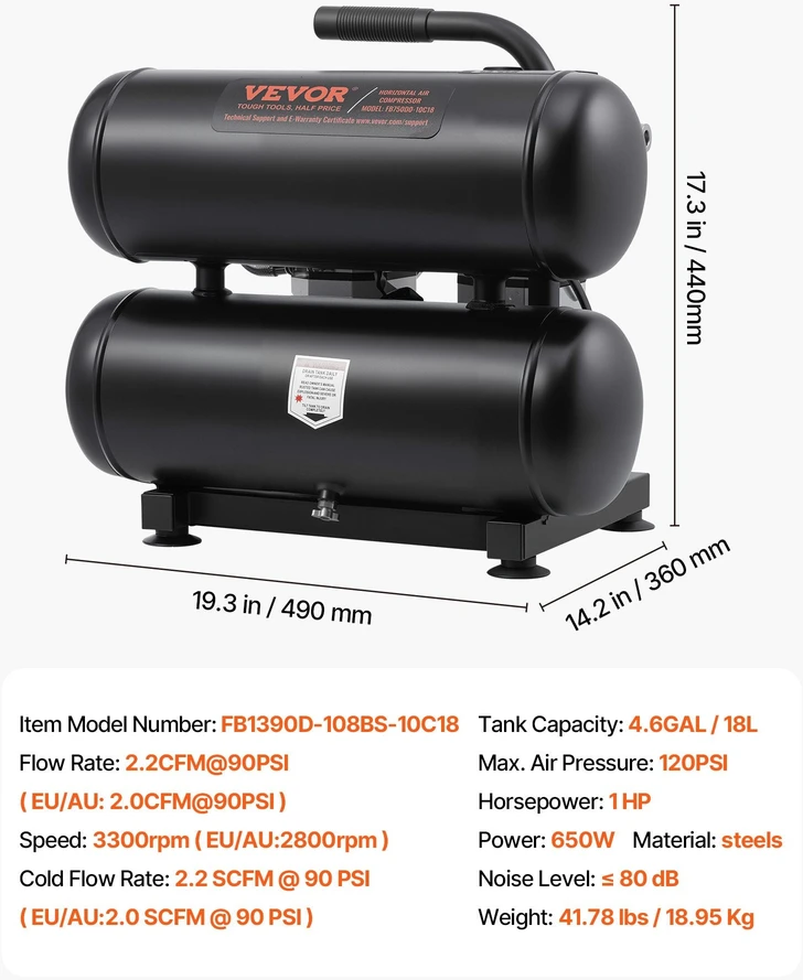 VEVOR Nešiojamas bealyvas oro kompresorius 18L 90 PSI