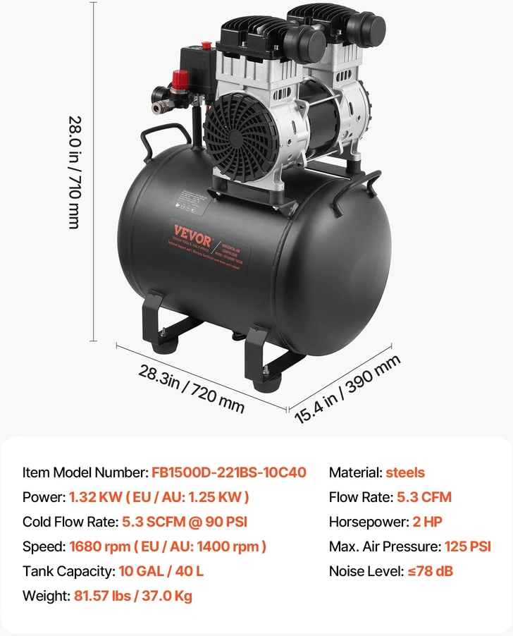 VEVOR Kompresorius be alyvos 10 gal 90 PSI