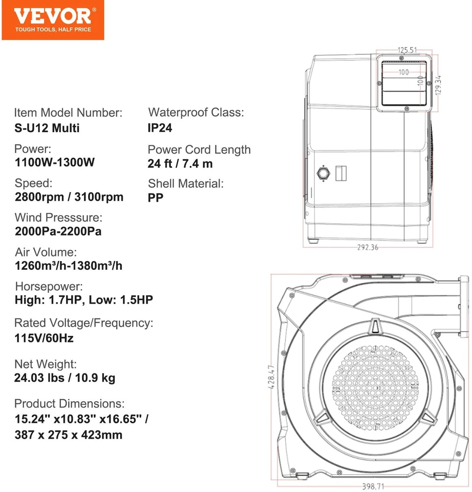 VEVOR Pripučiames pilies ventiliatorius 1100W