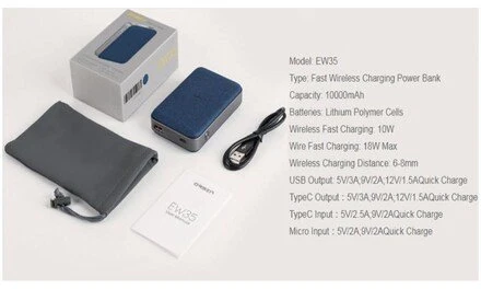 Orsen EW35 belaidė išorinė baterija 10000 mAh, juoda