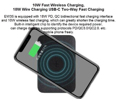 Orsen EW35 belaidė išorinė baterija 10000 mAh, juoda