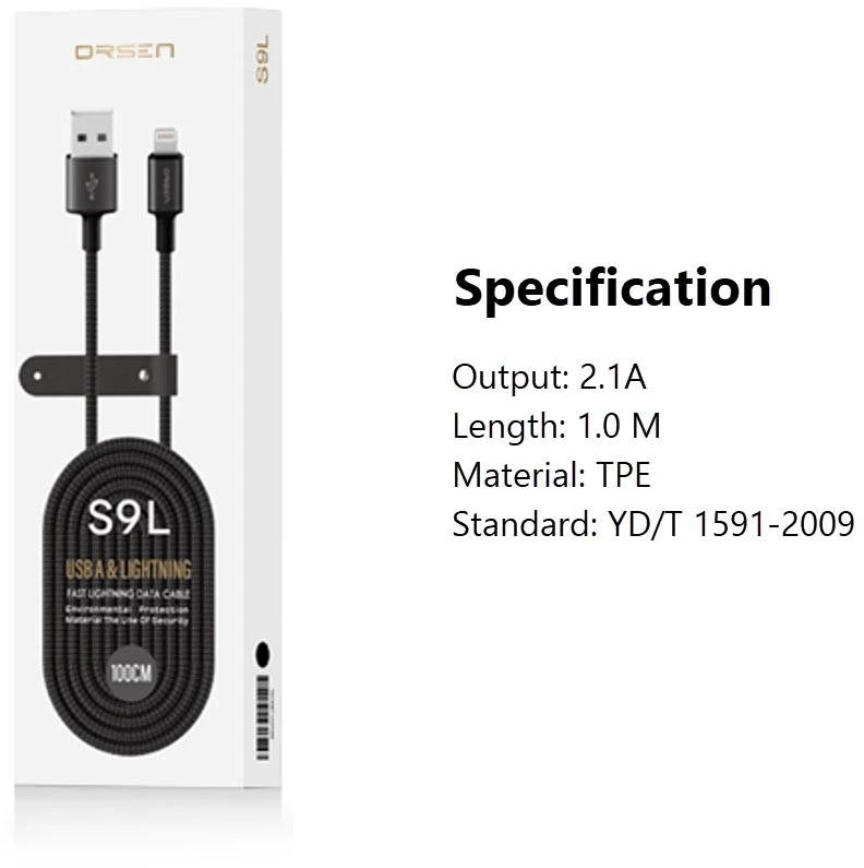 Orsen USB-A į Lightning įkrovimo laidas, 1 m, juodas