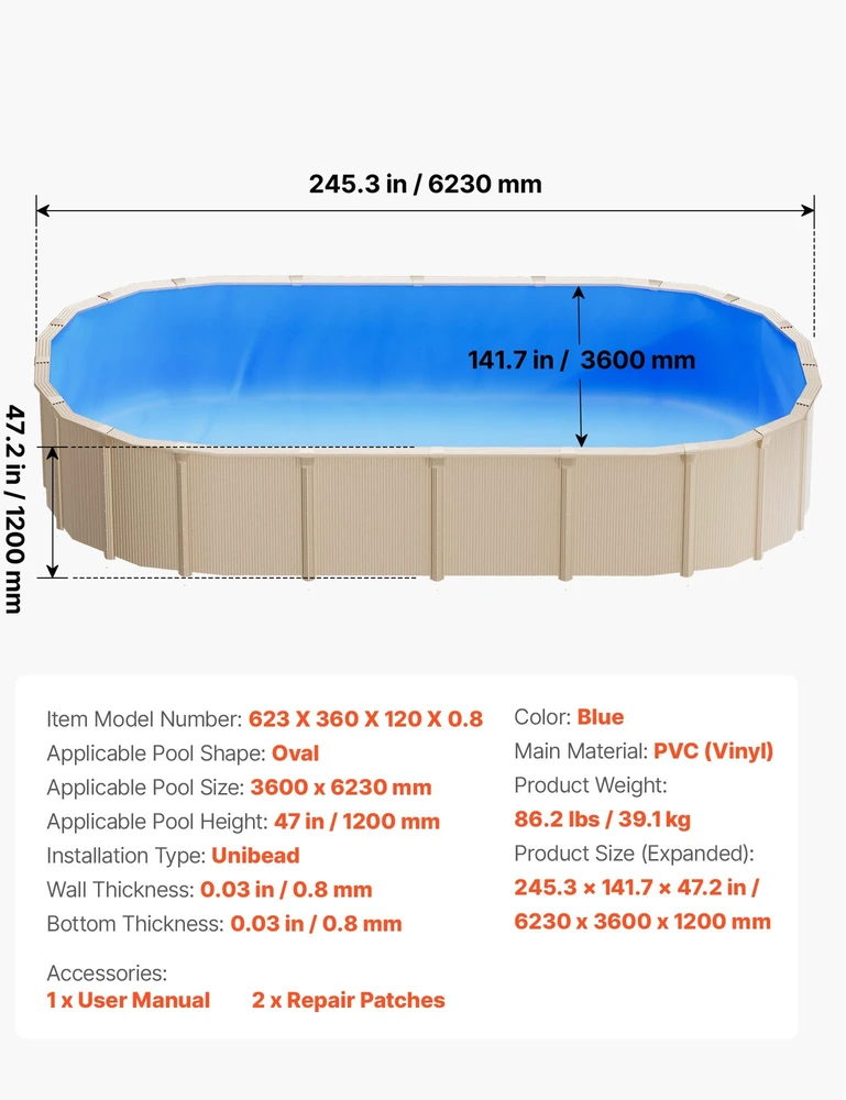 VEVOR Ovalinė baseino danga 360 x 623 cm