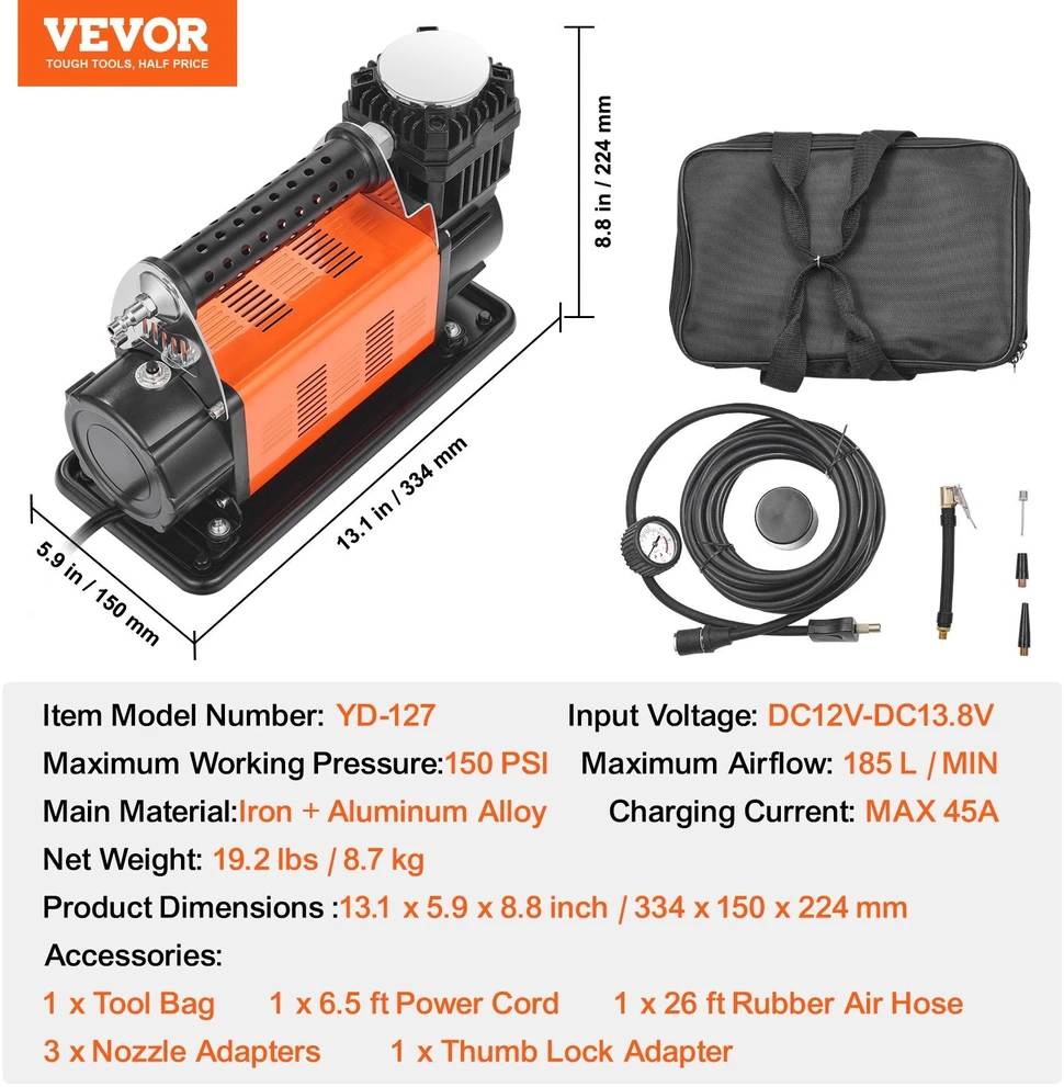 VEVOR Nešiojamas oro kompresorius 7.06 CFM 150 PSI