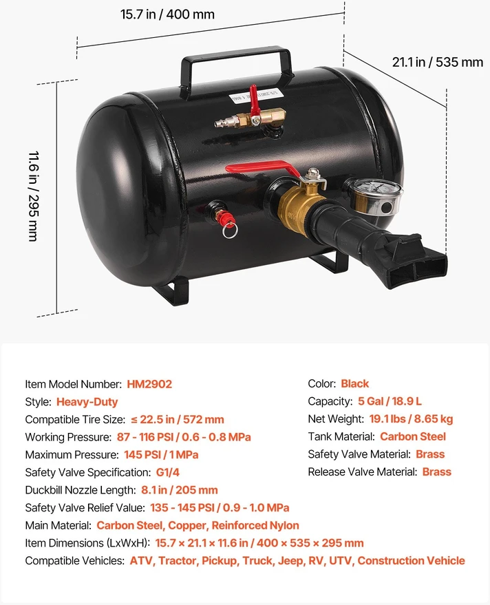 VEVOR Oro padangų sėkimo įrankis, 18.9 L, 87-116 PSI