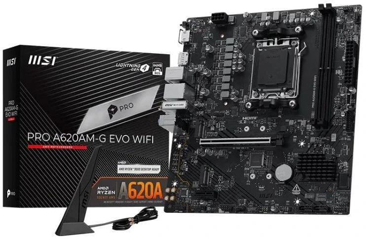 Pagrindinė plokštė MSI PRO A620AM-G EVO WIFI | Procesorių šeima AMD | Procesoriaus lizdas AM5 | DDR5 | SATA jungčių skaičius 4 | Palaikomos standžiojo disko sąsajos SATA, M.2