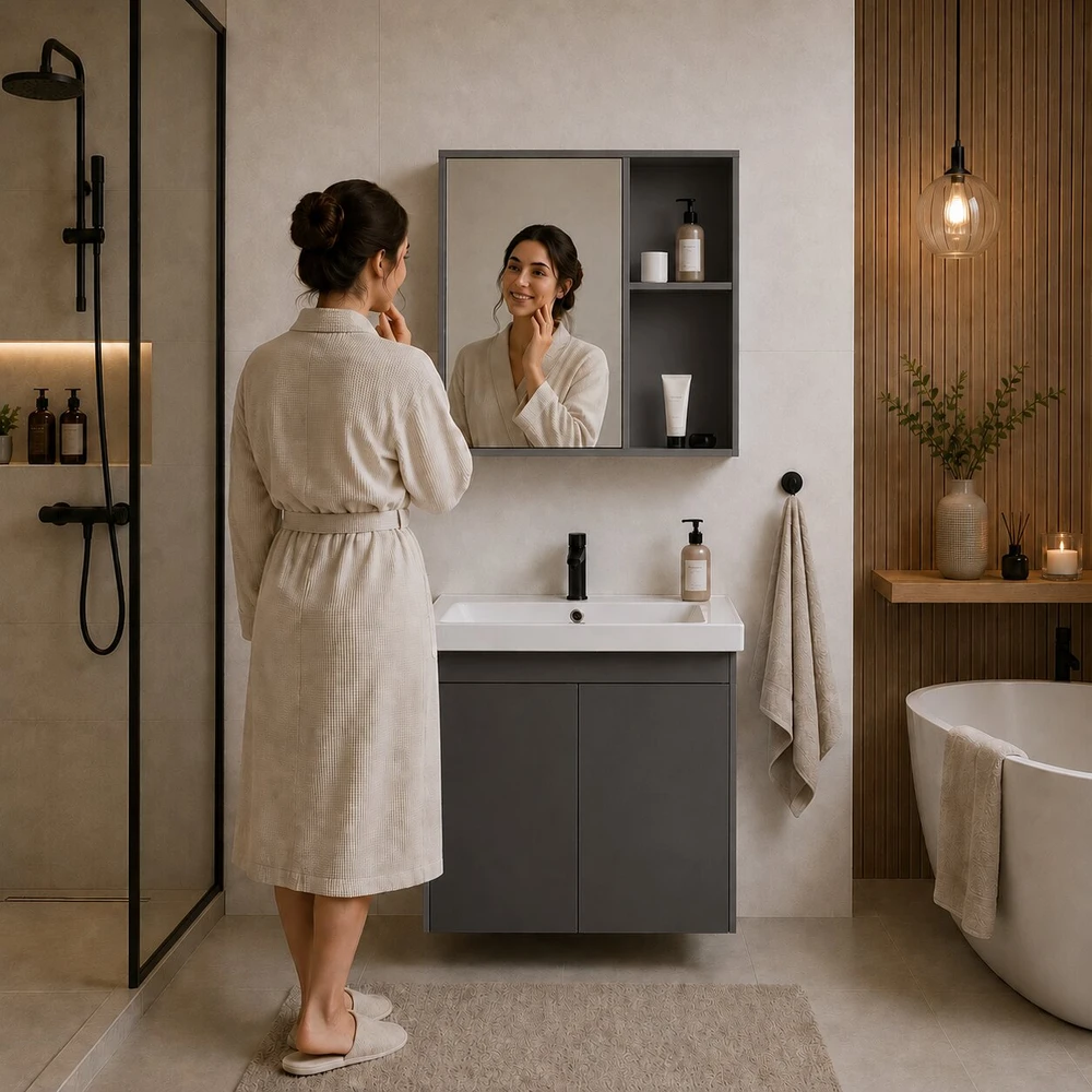 MultiGarden Pakabinama vonios spintelė su praustuvu ir veidrodžiu, „ModernHome“ baldų komplektas