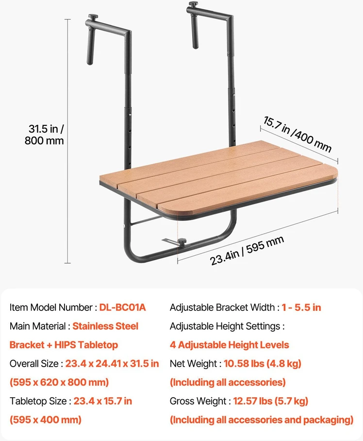 VEVOR balkono pakabinamas stalas 60 x 61 cm