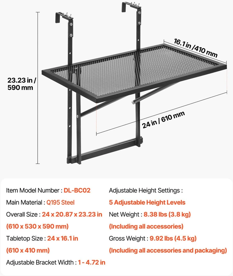 VEVOR Kabantysis balkono stalas metalinis 19 x 24 cm