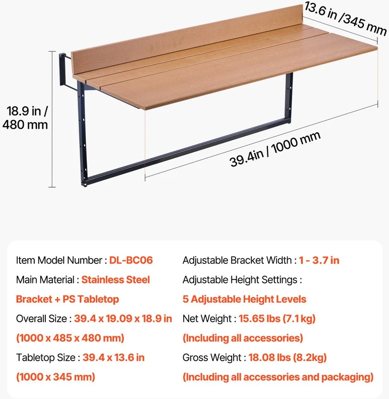 VEVOR Balkono kabantis stalas 100 x 34 cm