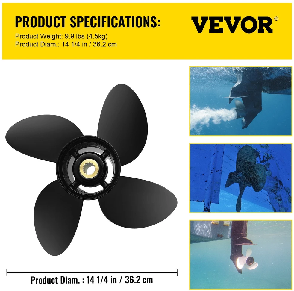 VEVOR 14 × 19 col (≈ 35,6 cm × 48,3 cm) keturmenis aliumininis propeleris – dešinės sukimosi krypties, FL‑Torq II jungtis, tinka 135–300 AG laivų varikliams