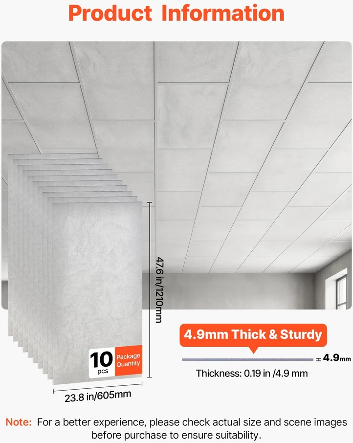VEVOR 605x1210mm PVC lubų plokštės, 10 vnt.